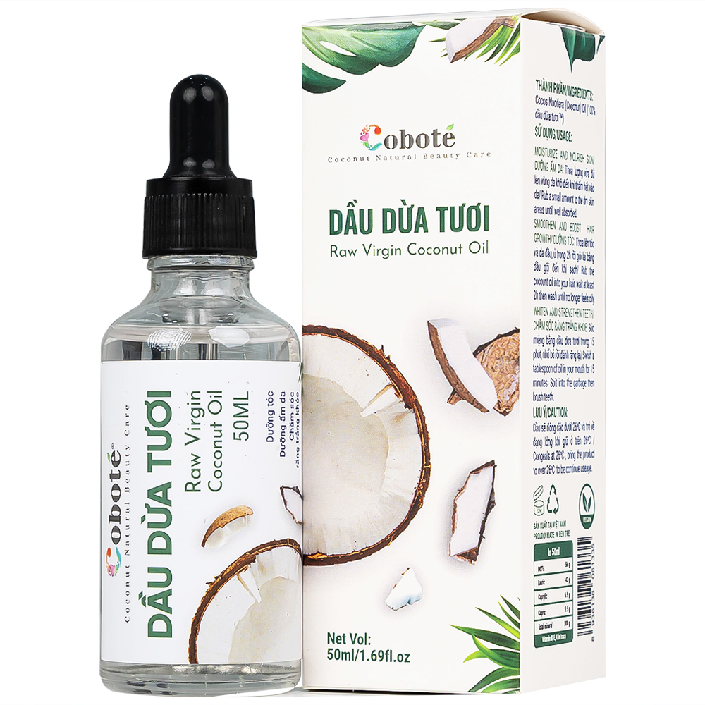 Dầu Dừa Tươi Raw Virgin Coconut Oil Coboté 50ml dưỡng ẩm da, dưỡng tóc, chăm sóc răng miệng