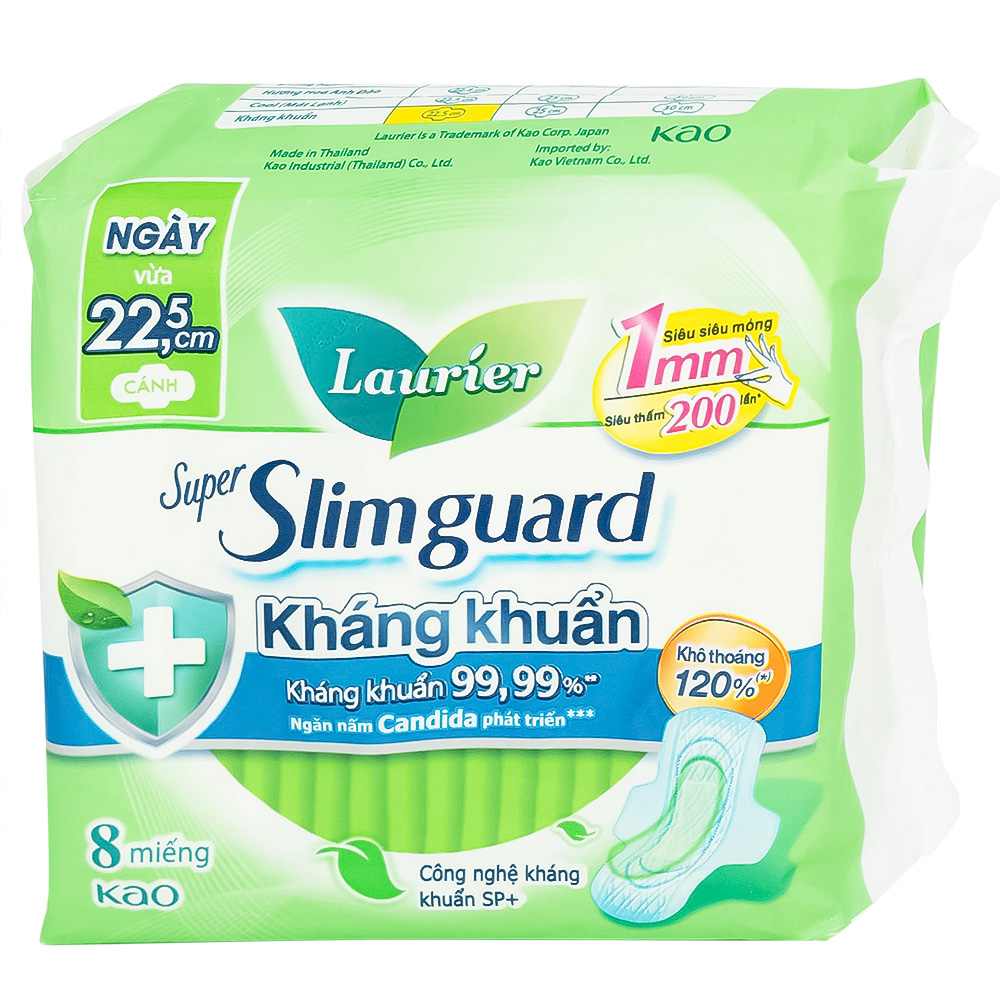 Băng vệ sinh Laurier Super Slimguard Kao kháng khuẩn 99,99%, ngăn nấm Candida (1mm - 8 miếng)