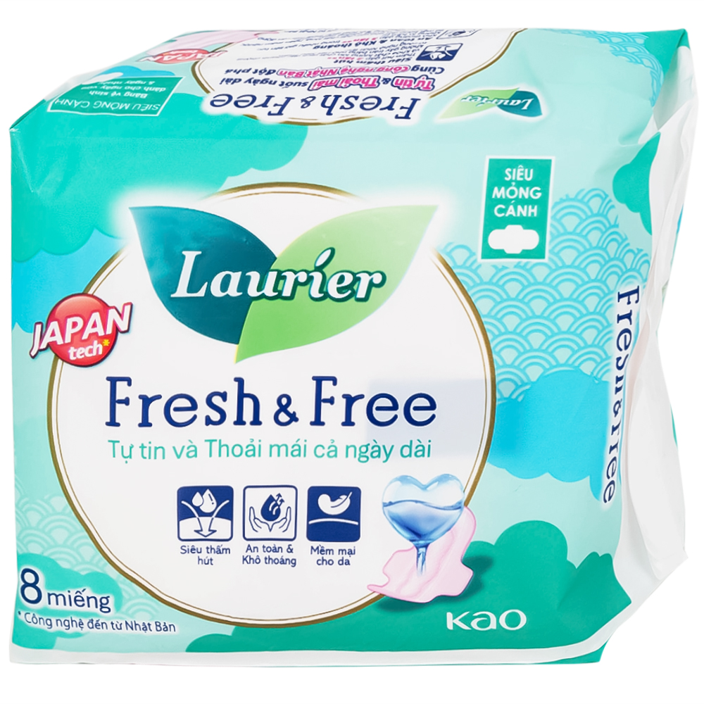 Băng vệ sinh Laurier Fresh And Free Kao siêu thấm, siêu mỏng cánh (8 miếng)