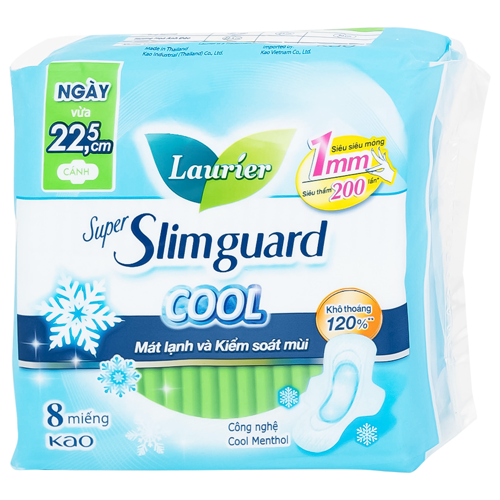 Băng vệ sinh Laurier Super Slimguard Cool Kao kháng khuẩn 99,99%, ngăn nấm Candida (1mm - 8 miếng)