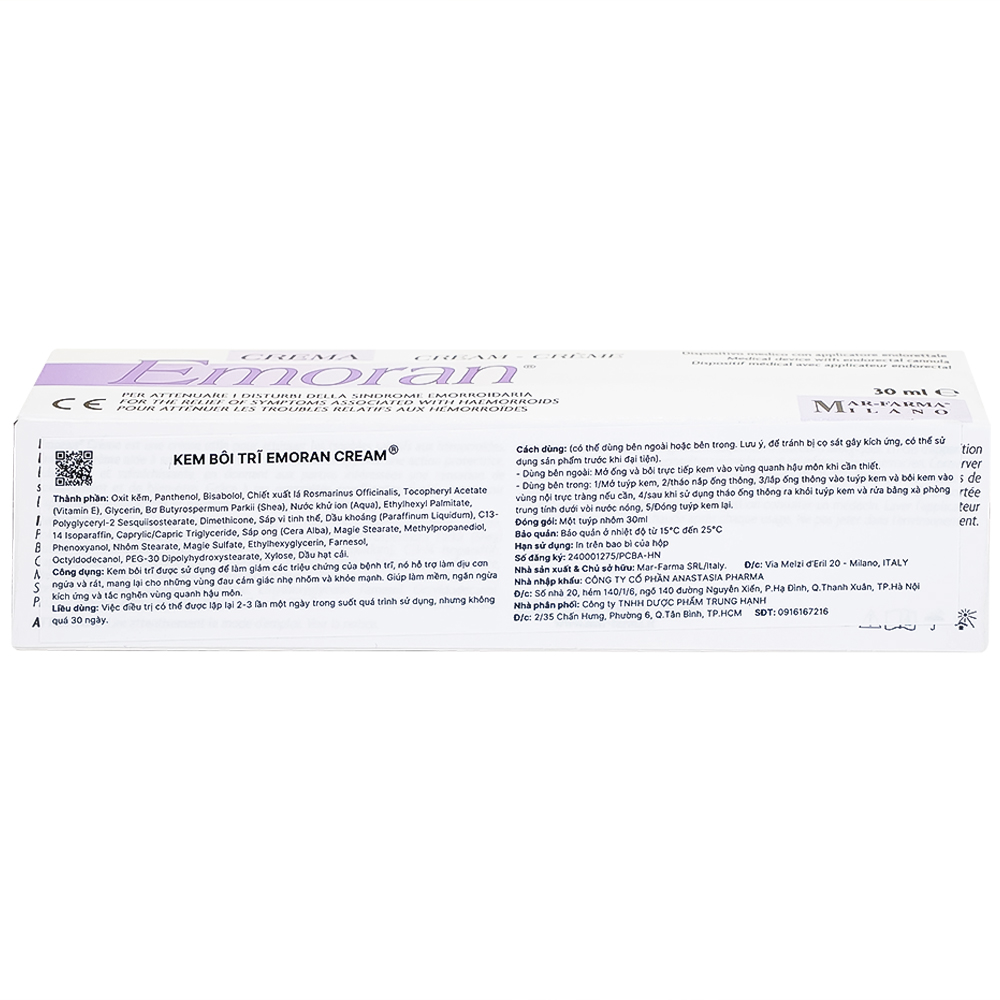 Hình ảnh Kem Emoran Mar-Farma làm giảm các triệu chứng của bệnh trĩ, hỗ trợ làm dịu cơn ngứa và rát (30ml)