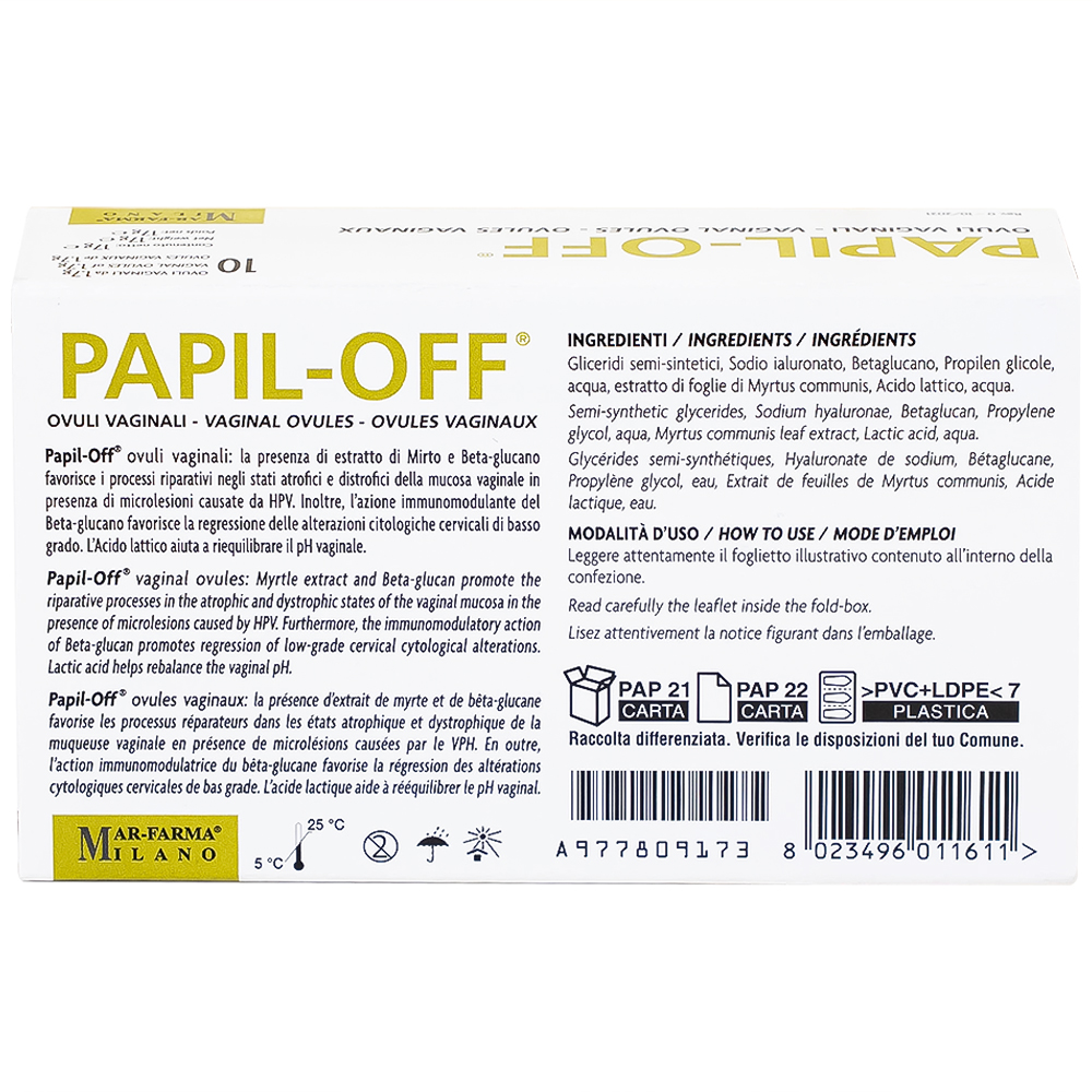 Hình ảnh Viên đặt âm đạo Papil-Off Mar-Farma giúp phòng ngừa và hỗ trợ điều trị các tổn thương do HPV (2 vỉ x 5 viên)