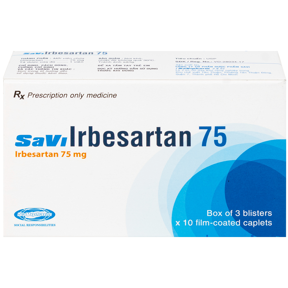 Hình ảnh Thuốc SaVi Irbesartan 75 SaviPharm điều trị tăng huyết áp, bệnh thận (3 vỉ x 10 viên)