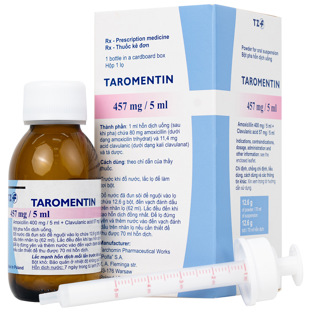 Hình ảnh Bột hỗn dịch uống Taromentin 457mg/5ml điều trị nhiễm trùng viêm xoang, tai giữa, đường hô hấp (12.6g)