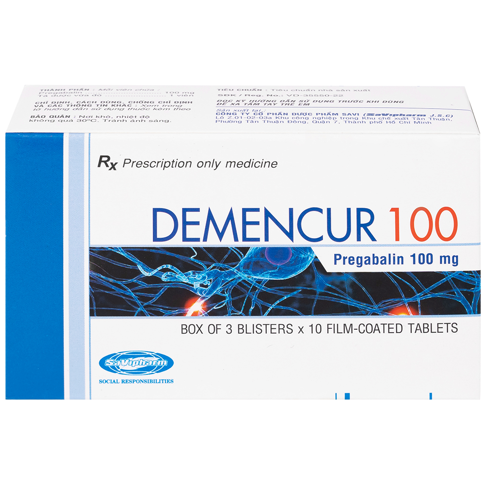 Hình ảnh Thuốc Demencur 100 DaviPharm điều trị đau thần kinh trung ương và ngoại vi (3 vỉ x 10 viên)