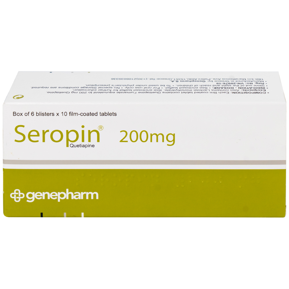Hình ảnh Thuốc Seropin 200mg Genepharm điều trị tâm thần phân liệt, hưng cảm lưỡng cực, trầm cảm lưỡng cực (6 vỉ x 10 viên)