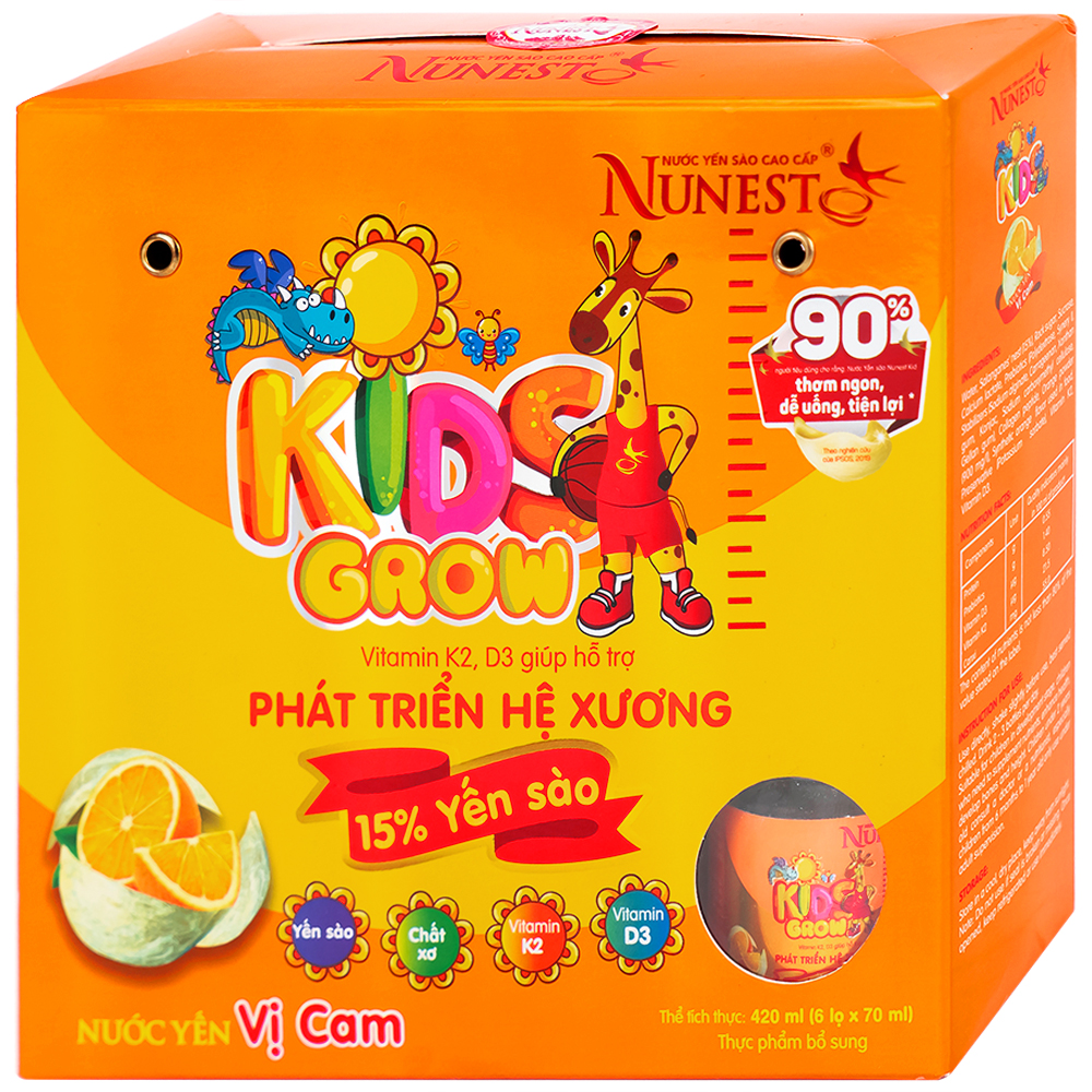 Nước yến sào cao cấp Nunest Kid Grow vị cam hỗ trợ phát triển hệ xương, tăng cường sức khỏe (6 lọ x 70ml)