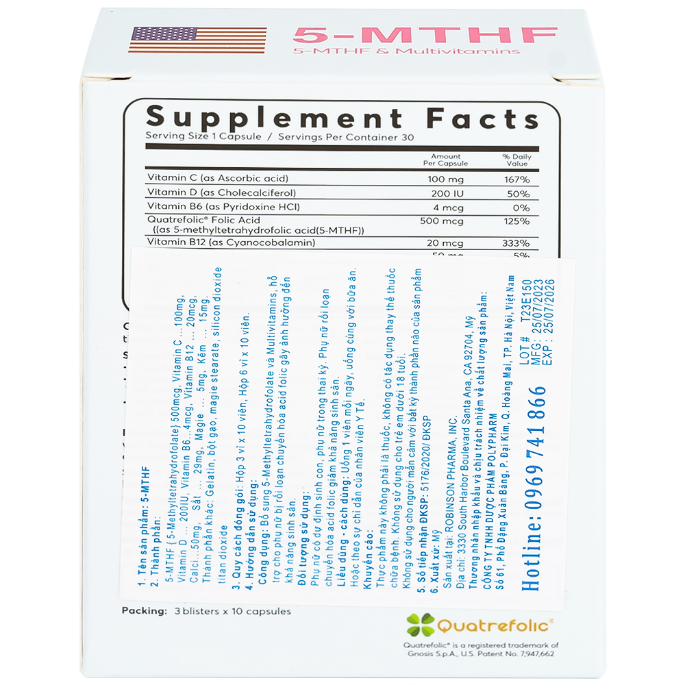 Hình ảnh Viên uống 5-MTHF Robinson Pharma hỗ trợ cho phụ nữ bị rối loạn chuyển hóa acid folic (3 vỉ x 10 viên)