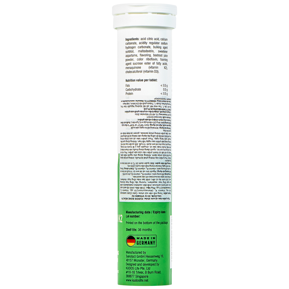 Hình ảnh Viên sủi Kudos Bone hương cam bổ sung canxi, vitamin K2, vitamin D3 cho cơ thể (20 viên)