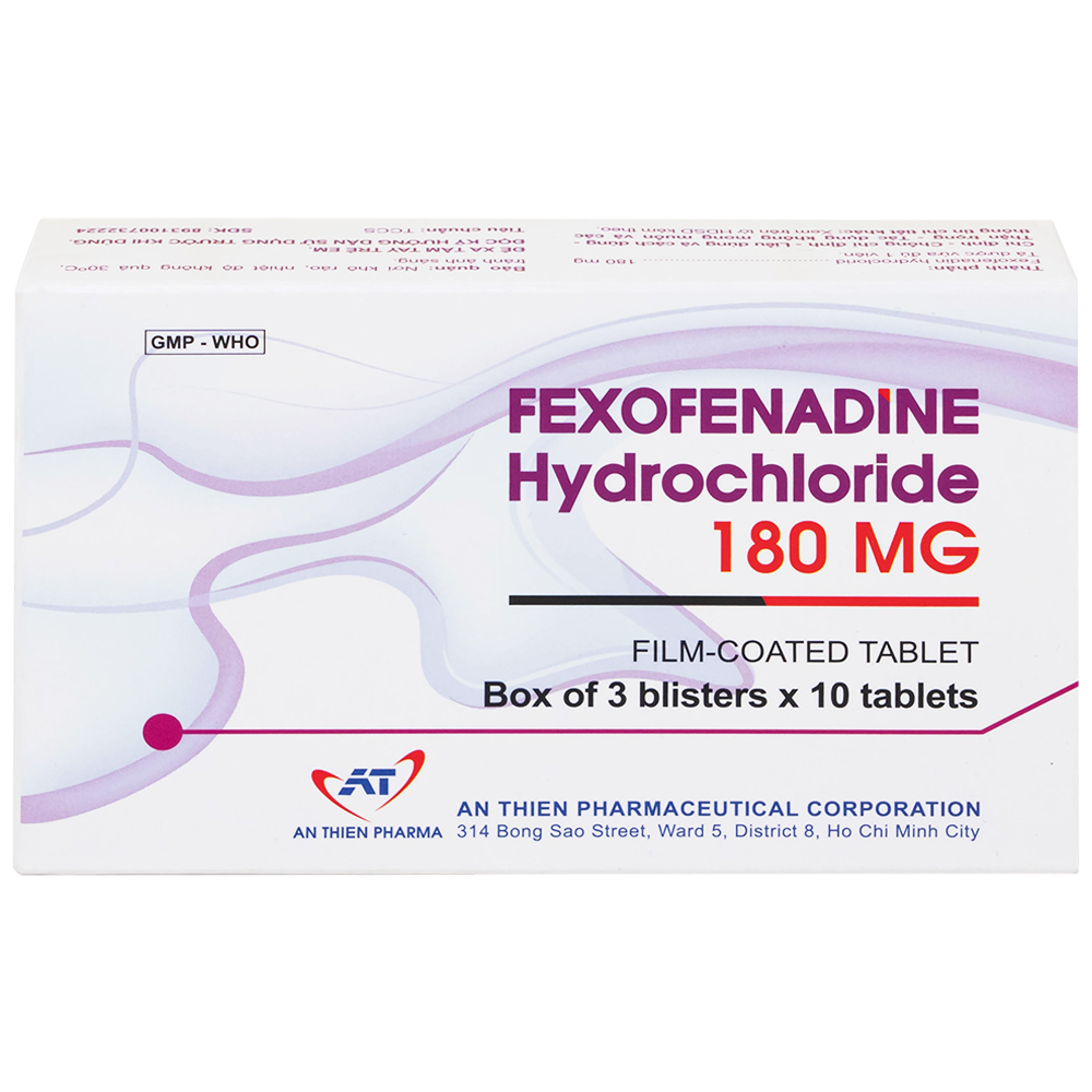 Hình ảnh Thuốc Fexofenadine Hydrochloride 180mg An Thiên điều trị viêm mũi dị ứng theo mùa (3 vỉ x 10 viên)
