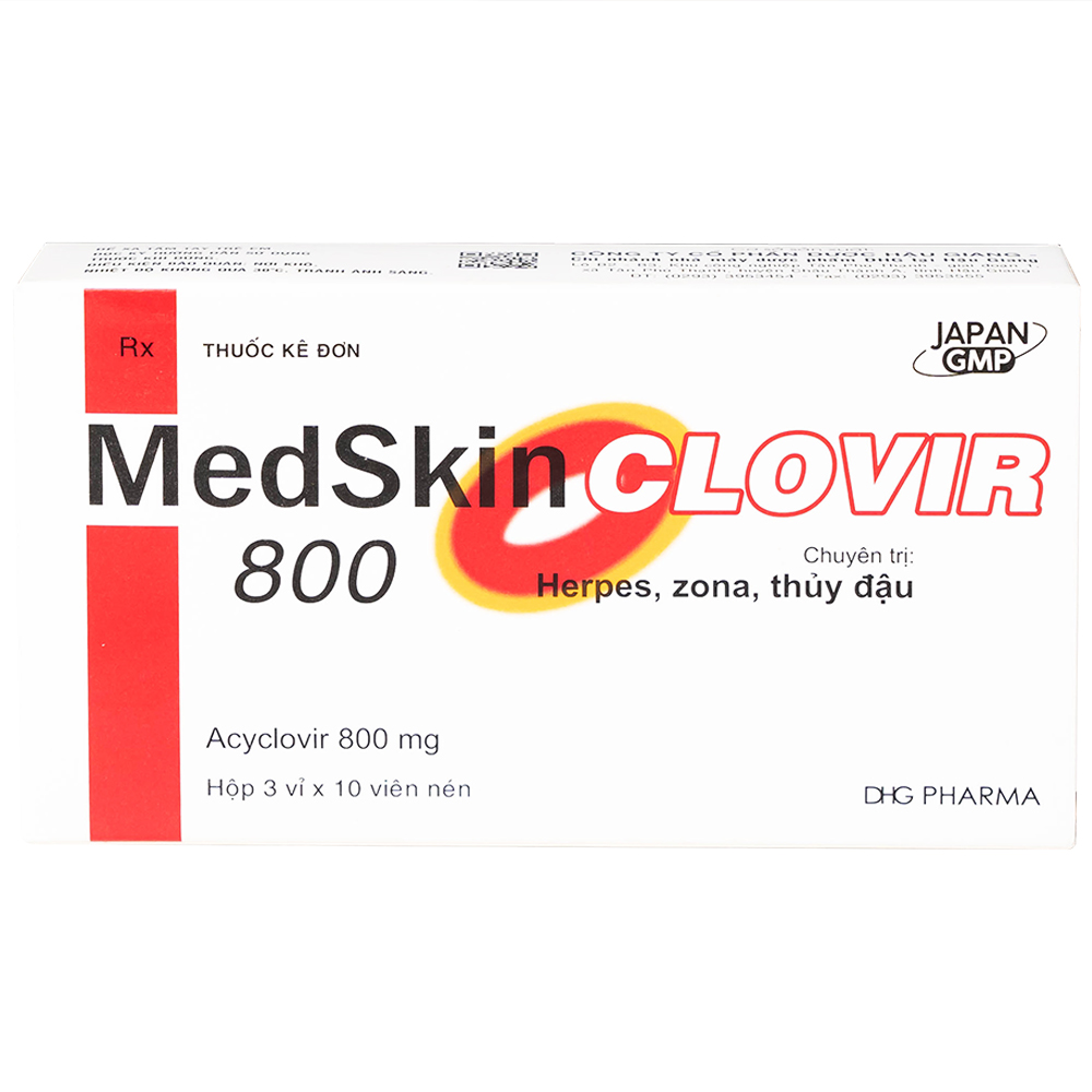 Hình ảnh Thuốc MedSkin Clovir 800 DHG điều trị nhiễm virus Herpes simplex, bệnh thủy đậu, viêm phổi do Zona (3 vỉ x 10 viên)