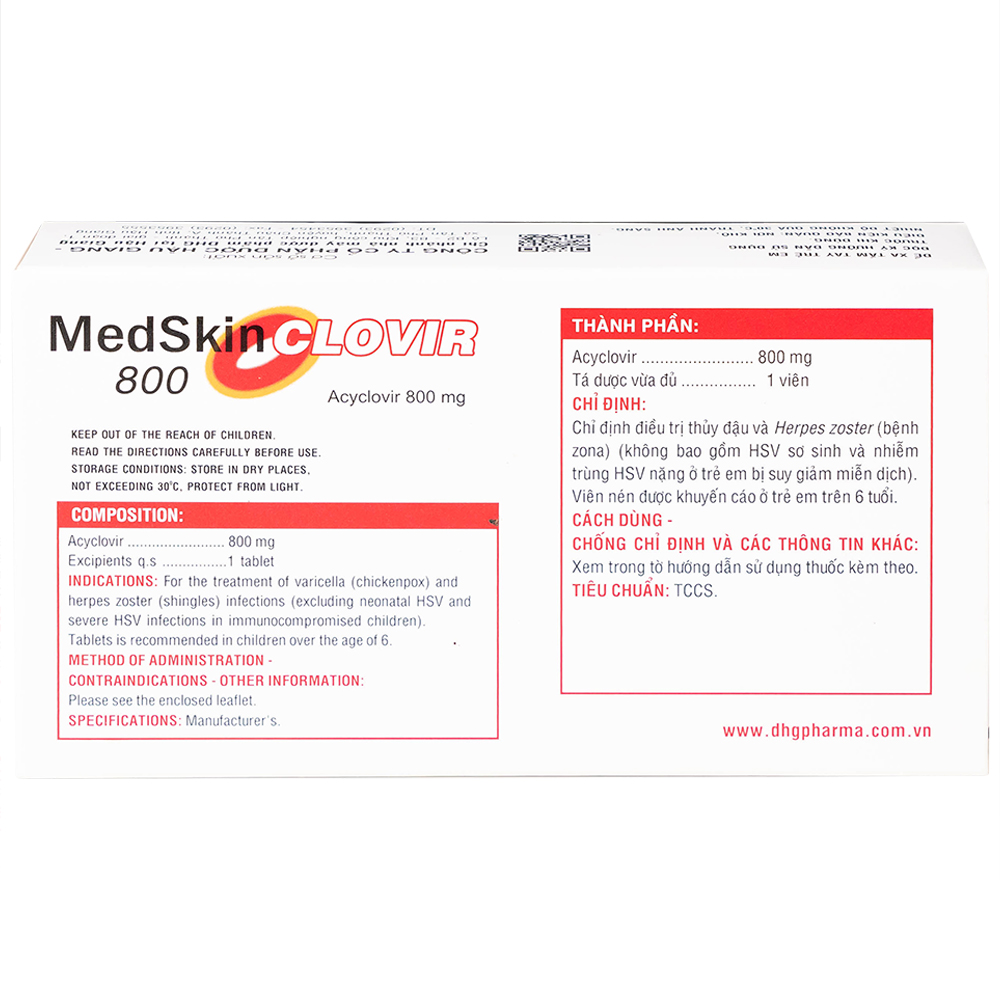 Hình ảnh Thuốc MedSkin Clovir 800 DHG điều trị nhiễm virus Herpes simplex, bệnh thủy đậu, viêm phổi do Zona (3 vỉ x 10 viên)