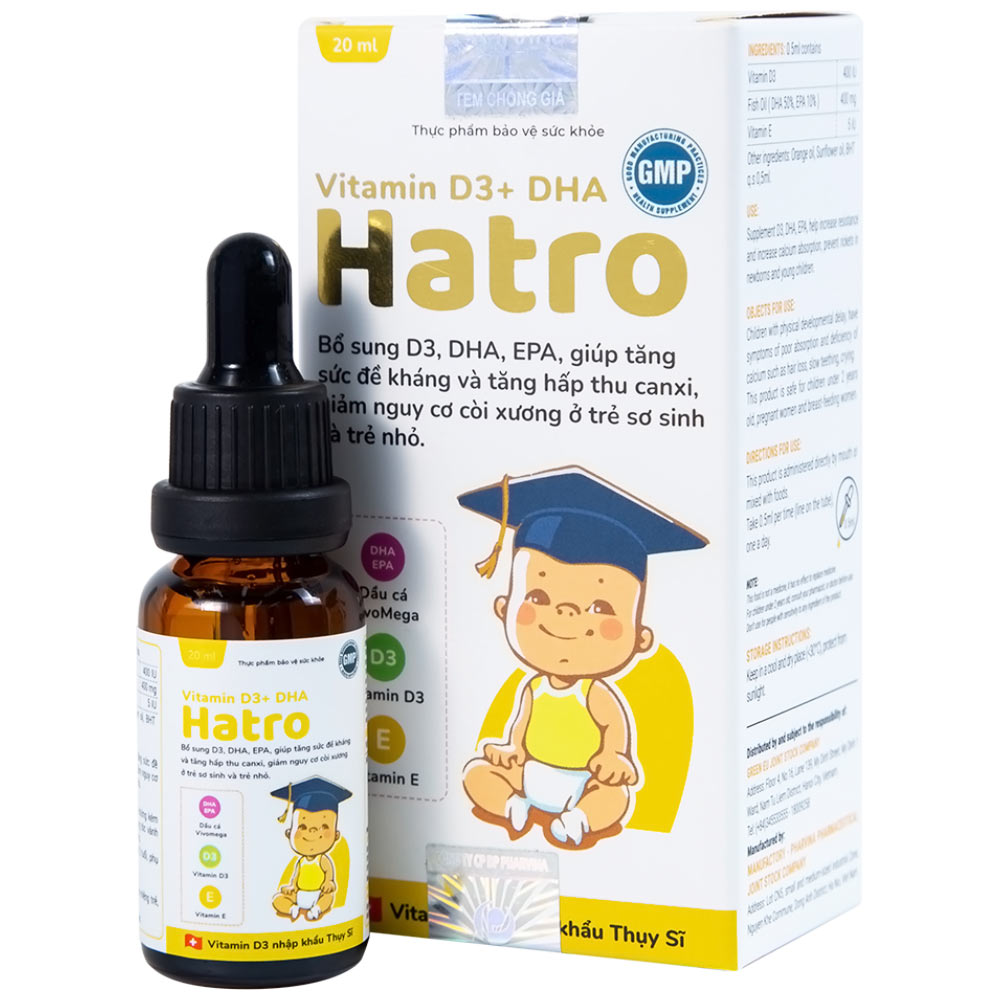 Dung dịch Vitamin D3+ DHA Hatro Pharvina tăng sức đề kháng, giảm nguy cơ còi xương (20ml)