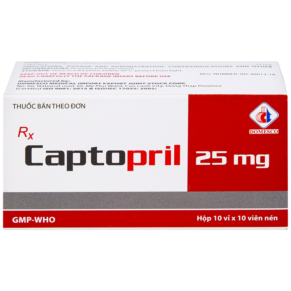 Hình ảnh Thuốc Captopril 25mg Domesco điều trị tăng huyết áp, suy tim, nhồi máu cơ tim (10 vỉ x 10 viên)