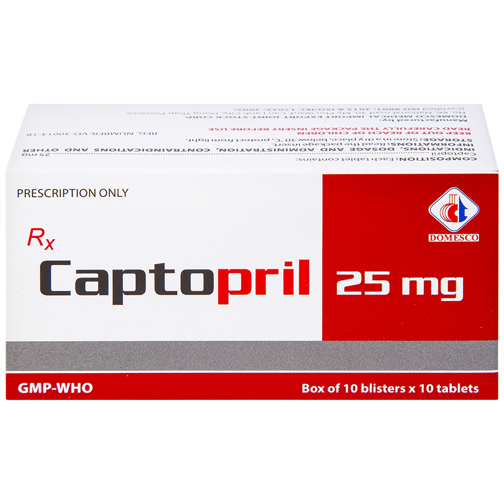 Hình ảnh Thuốc Captopril 25mg Domesco điều trị tăng huyết áp, suy tim, nhồi máu cơ tim (10 vỉ x 10 viên)