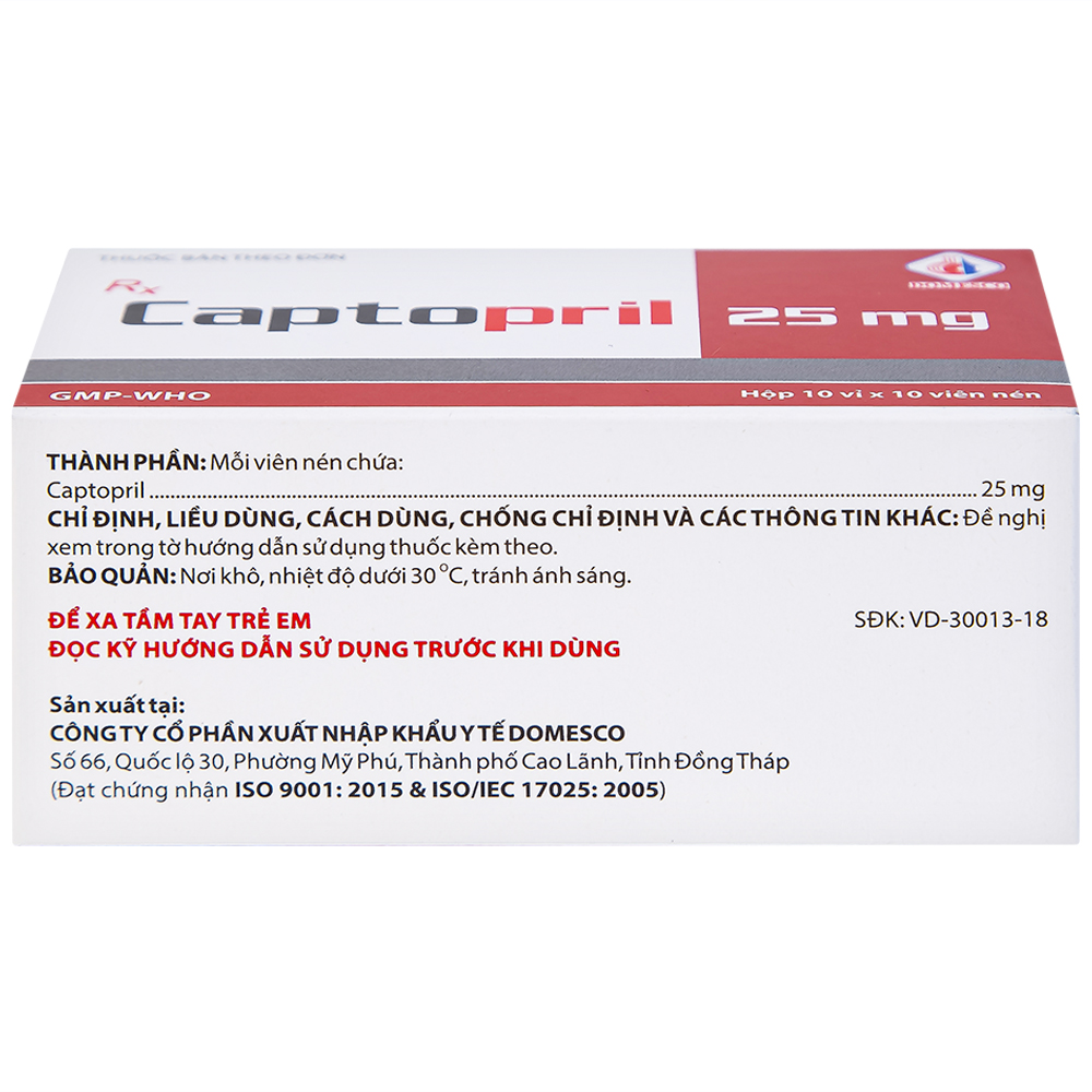 Hình ảnh Thuốc Captopril 25mg Domesco điều trị tăng huyết áp, suy tim, nhồi máu cơ tim (10 vỉ x 10 viên)