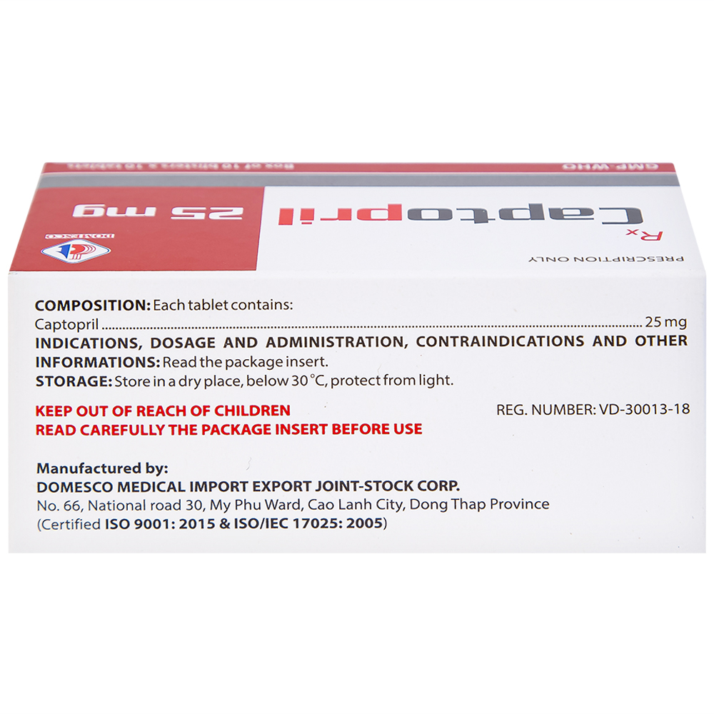 Hình ảnh Thuốc Captopril 25mg Domesco điều trị tăng huyết áp, suy tim, nhồi máu cơ tim (10 vỉ x 10 viên)