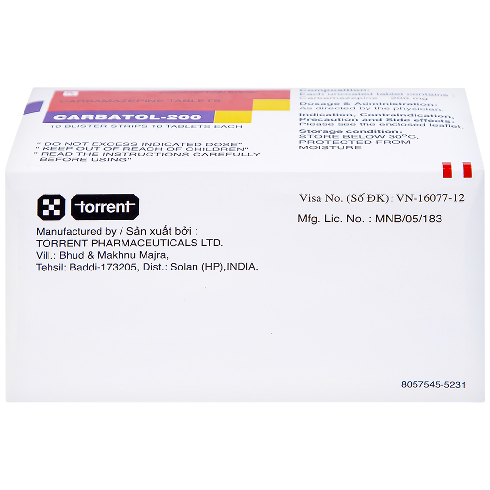 Hình ảnh Thuốc Carbatol 200 Torrent điều trị bệnh động kinh cục bộ (10 vỉ x 10 viên)