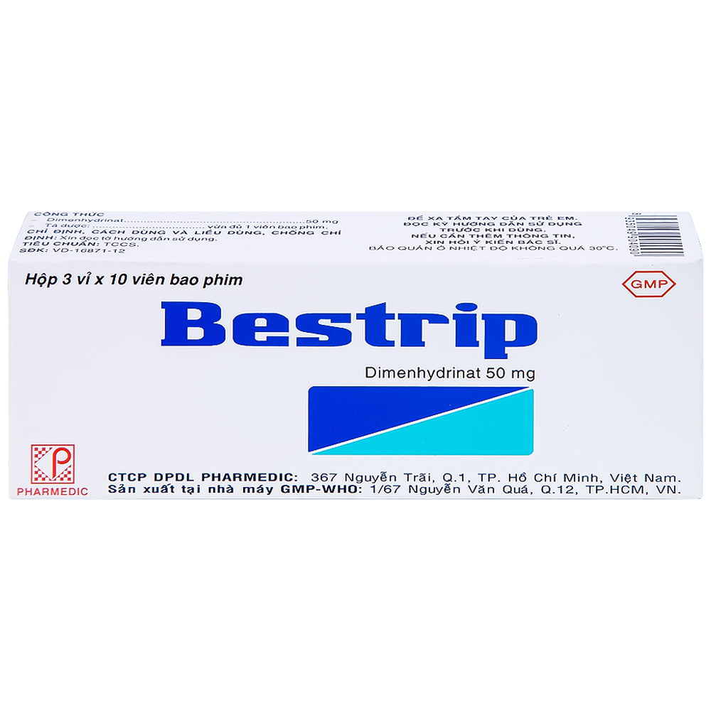 Hình ảnh Thuốc Bestrip 50mg Pharmedic phòng và điều trị các chứng buồn nôn do say tàu xe (3 vỉ x 10 viên)
