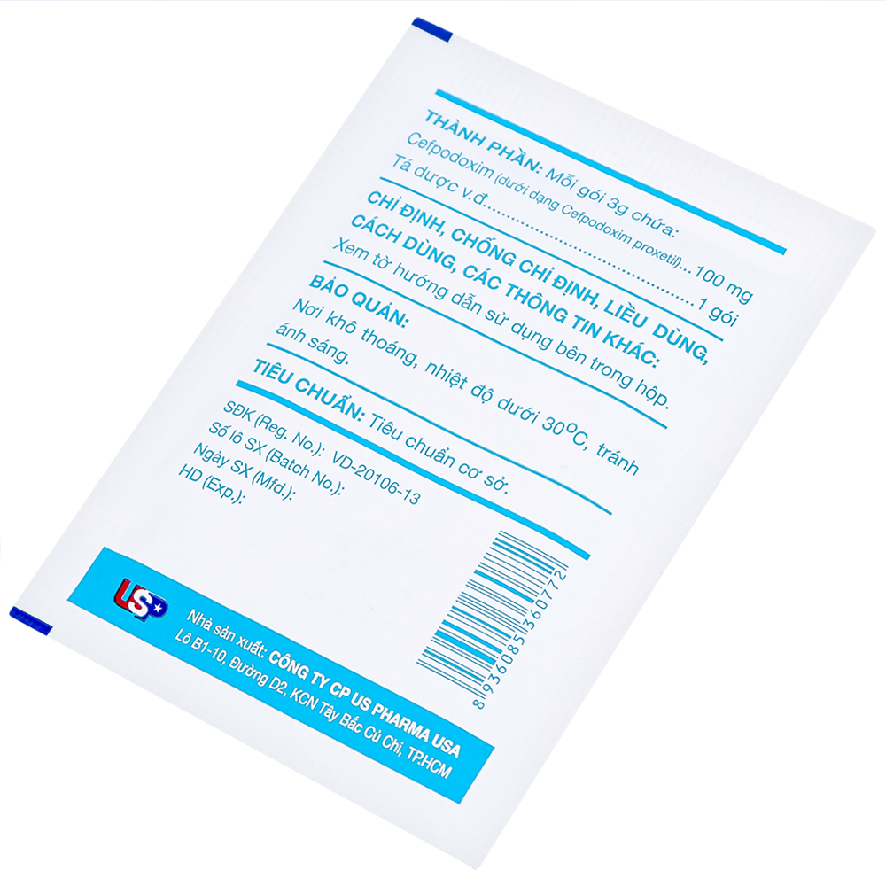 Hình ảnh Bột pha hỗn dịch uống Cefpodoxim 100-HV USP điều trị nhiễm khuẩn (10 gói x 3g)