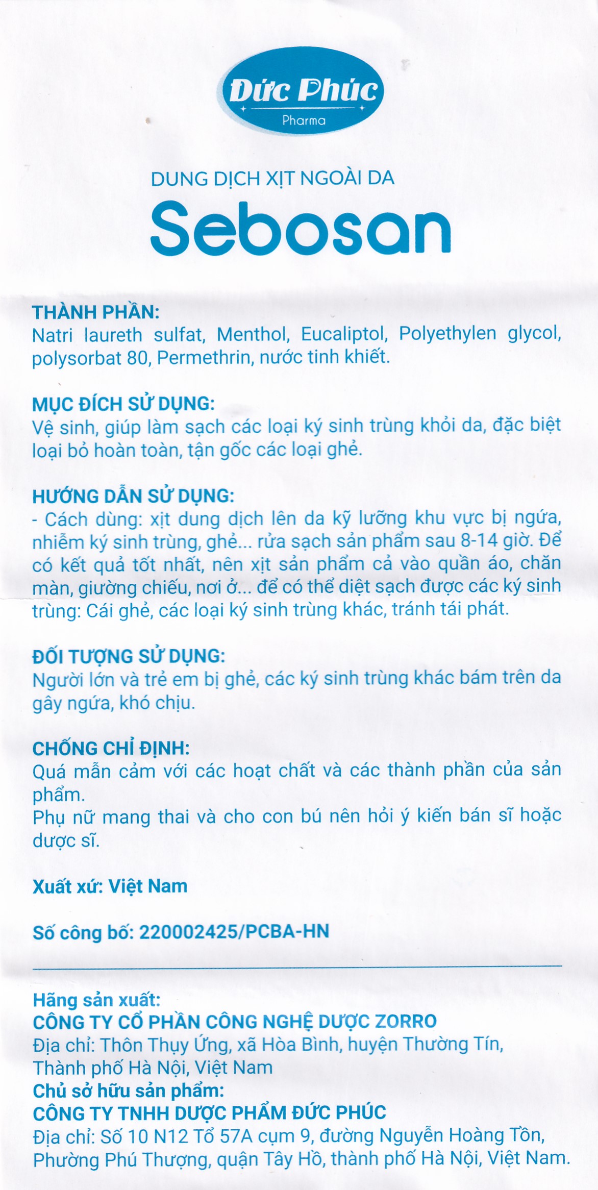 Hình ảnh Dung dịch xịt ngoài da Sebosan 100ml Đức Phúc vệ sinh, làm sạch các loại ký sinh trùng khỏi da