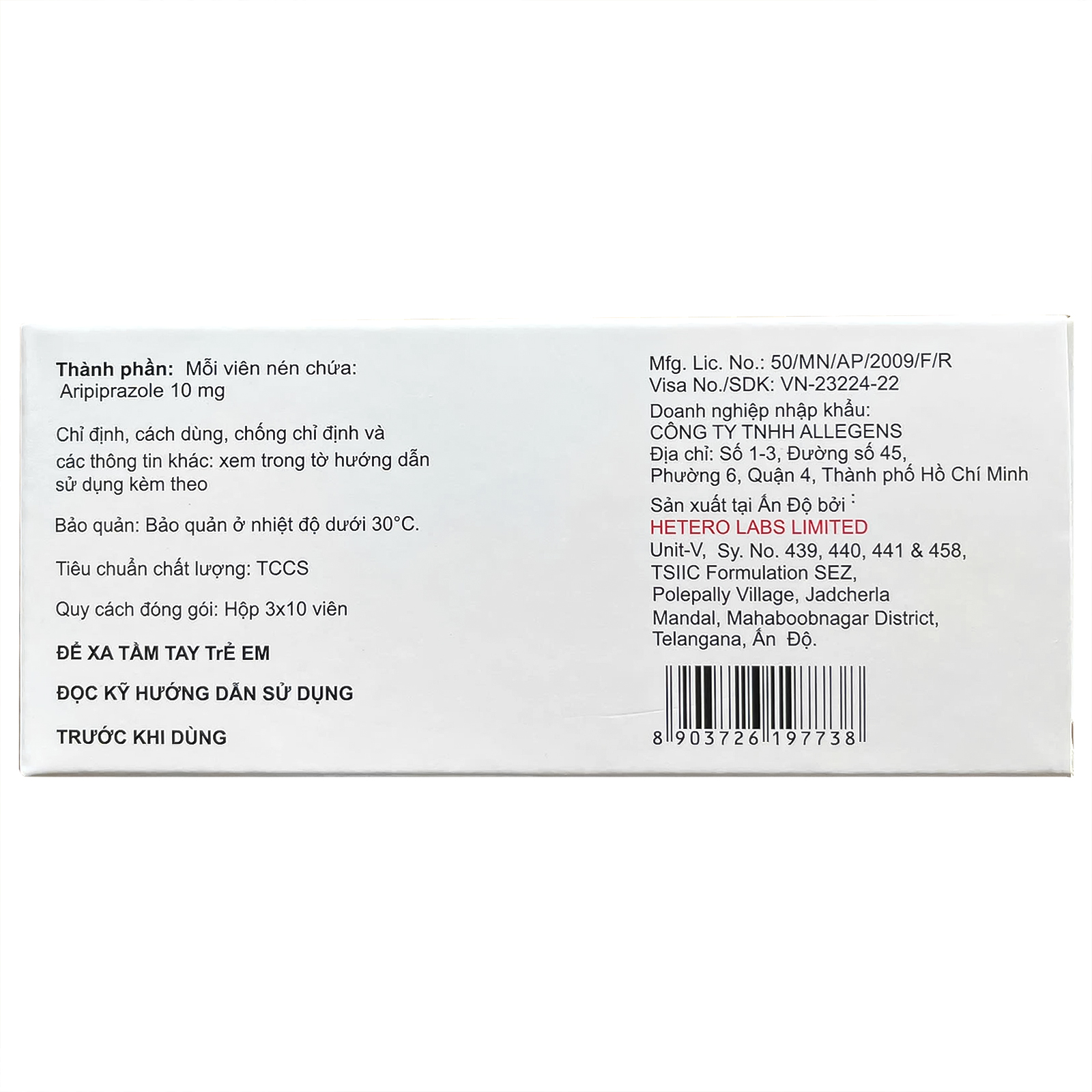 Hình ảnh Thuốc Aritero 10 Hetero điều trị tâm thần phân liệt, rối loạn lưỡng cực (3 vỉ x 10 viên)